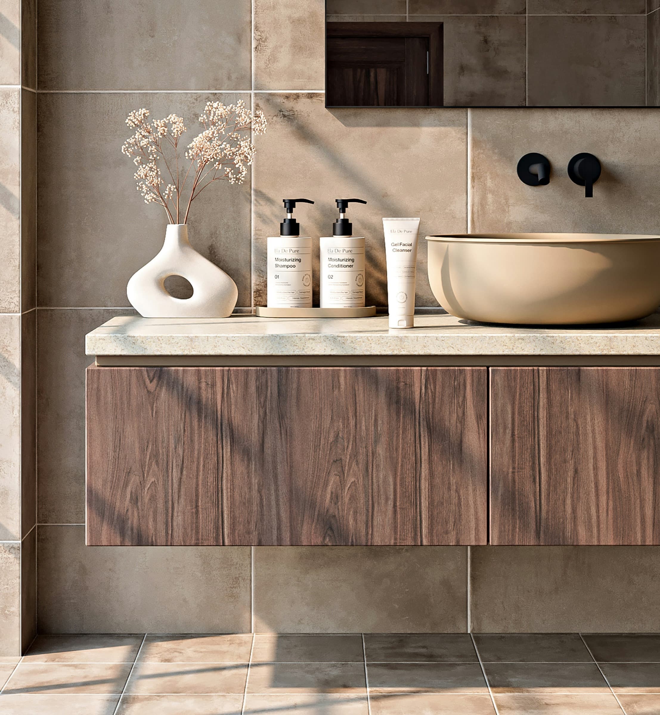 Bathroom accessories on a tiled wall