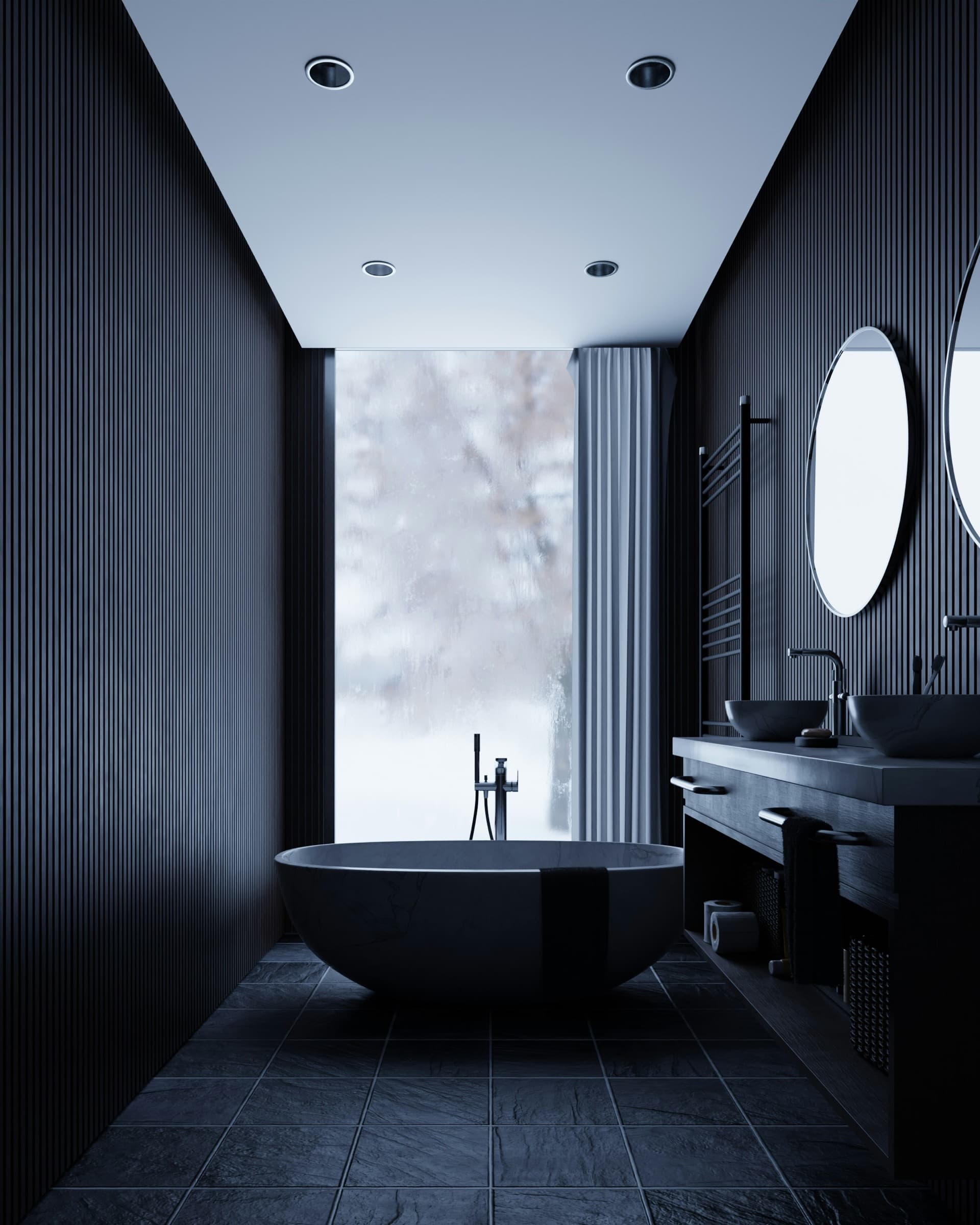 Dark luxury bathroom with freestanding bathtub and double vanity