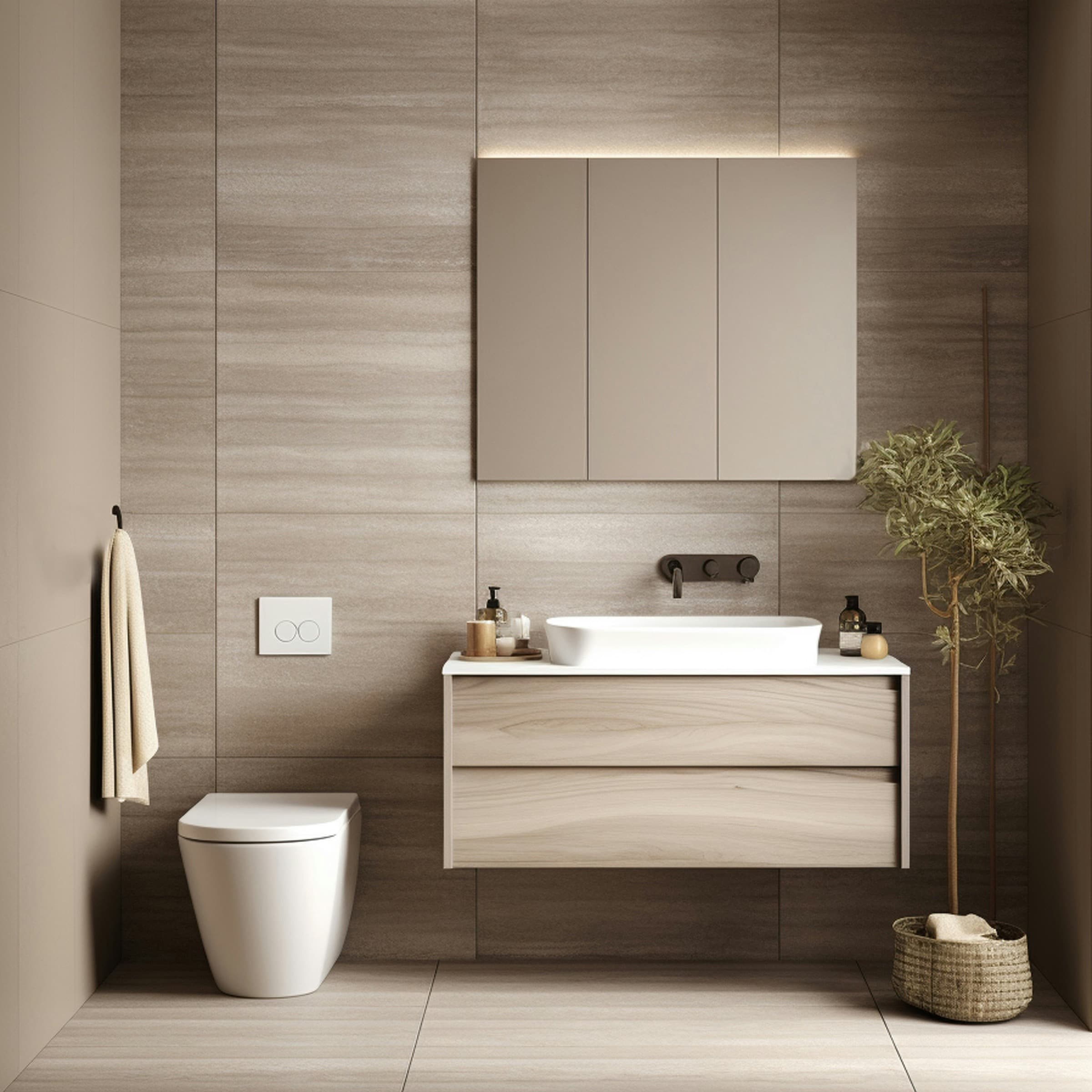 Soft modern bathroom with vanity, mirror and toilet area