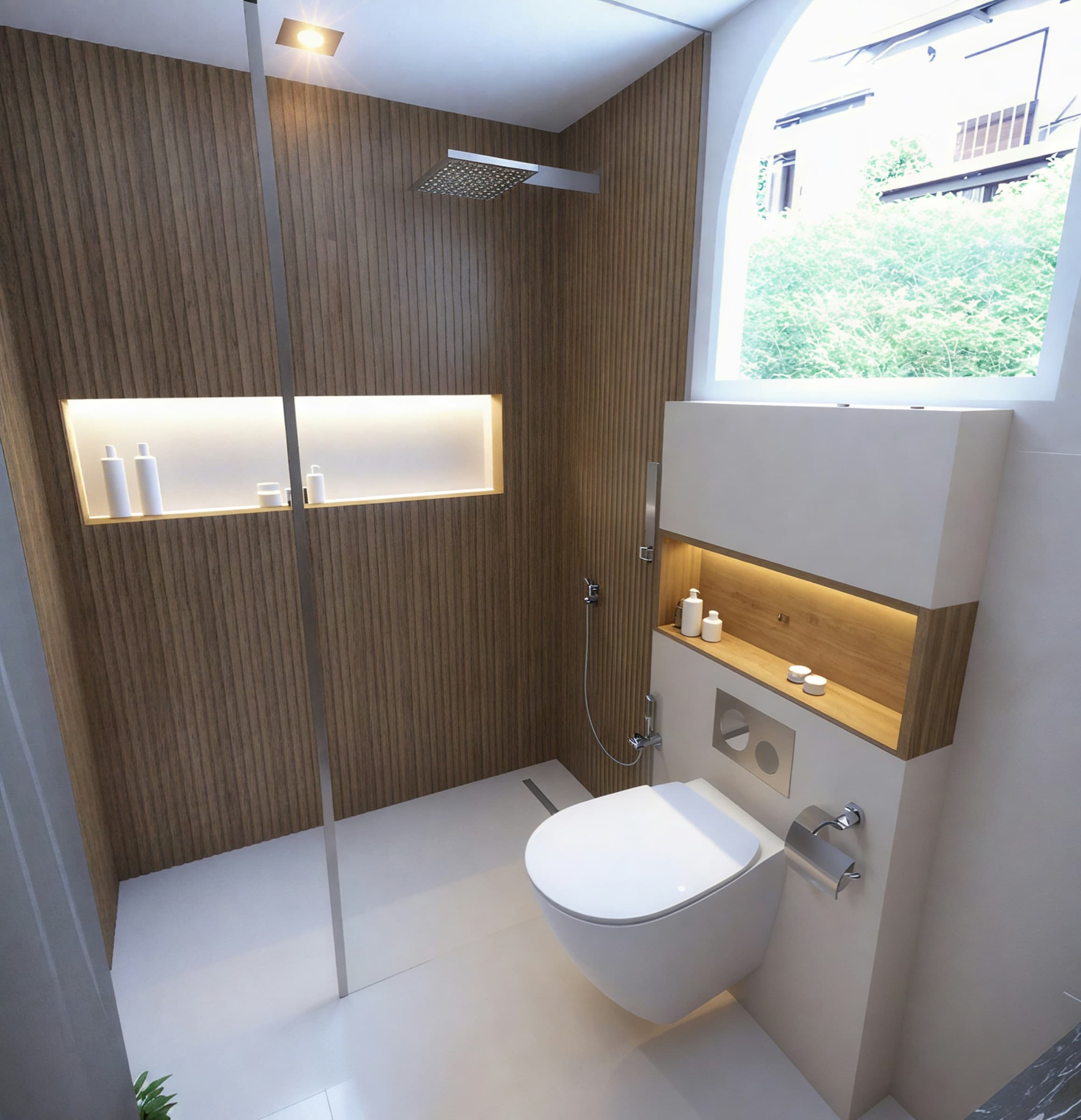Compact modern bathroom with wall-hung toilet and wood shower wall