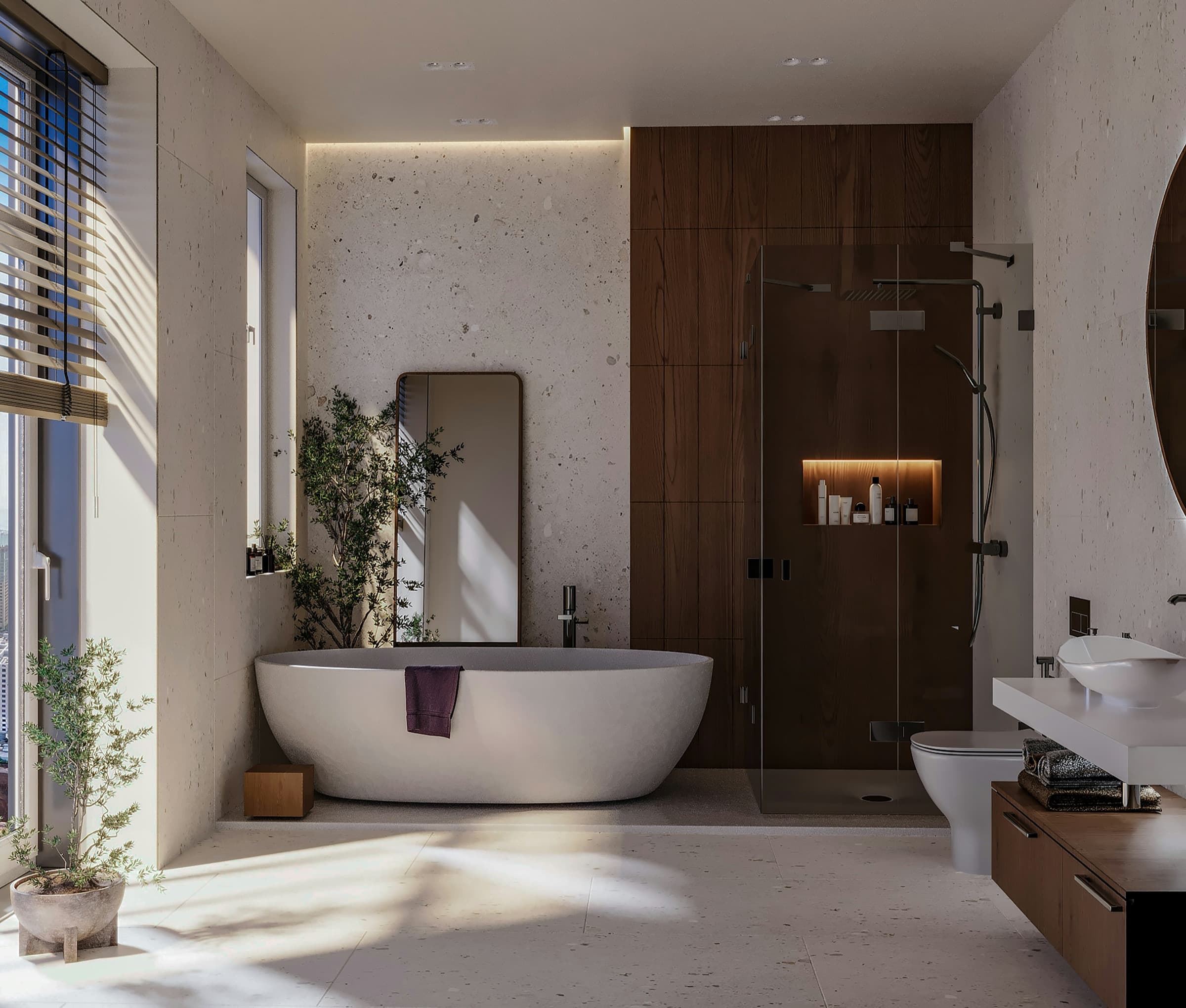 Luxury bathroom with bathtub, shower area and large window