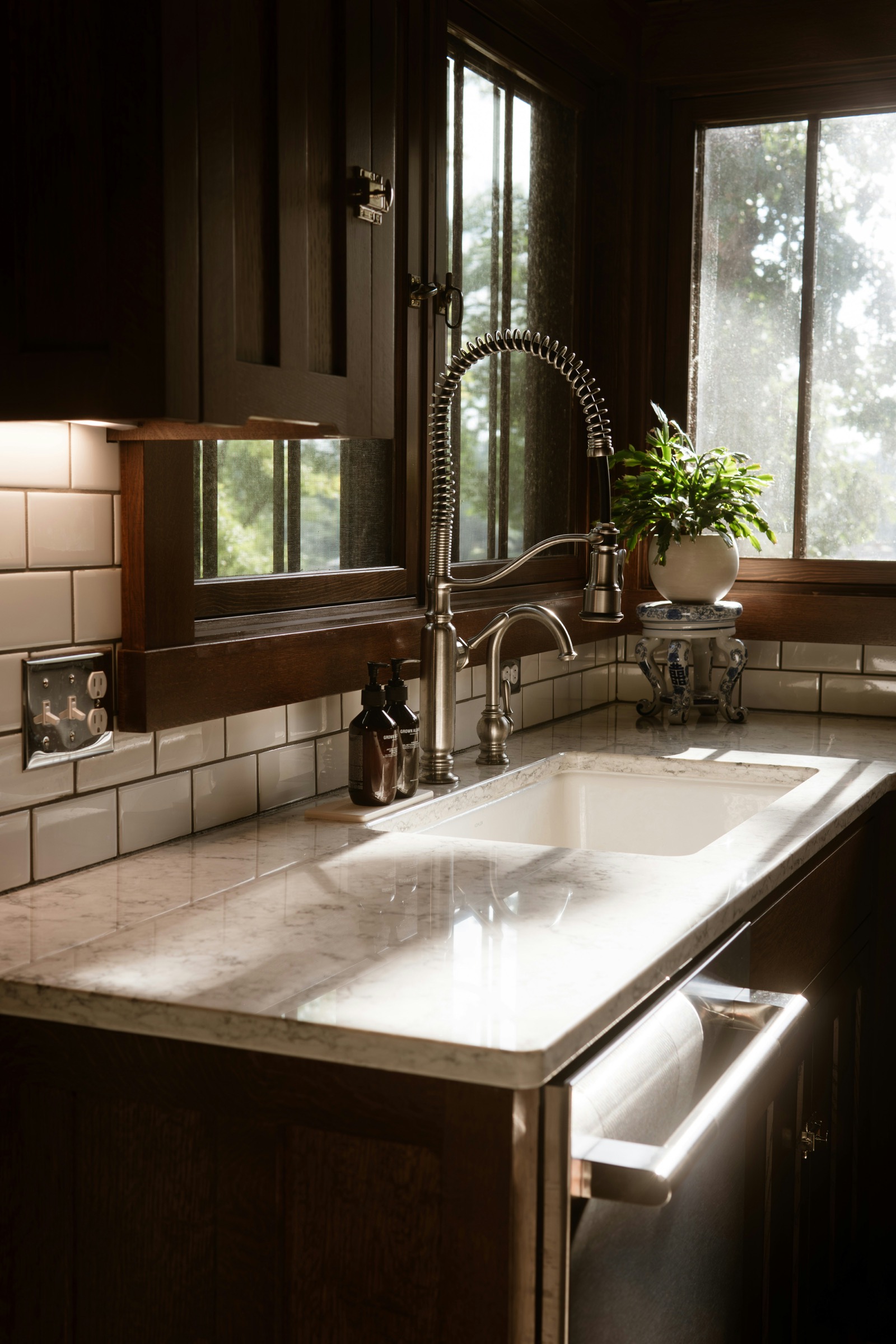 Premium kitchen sink with spring faucet below a window