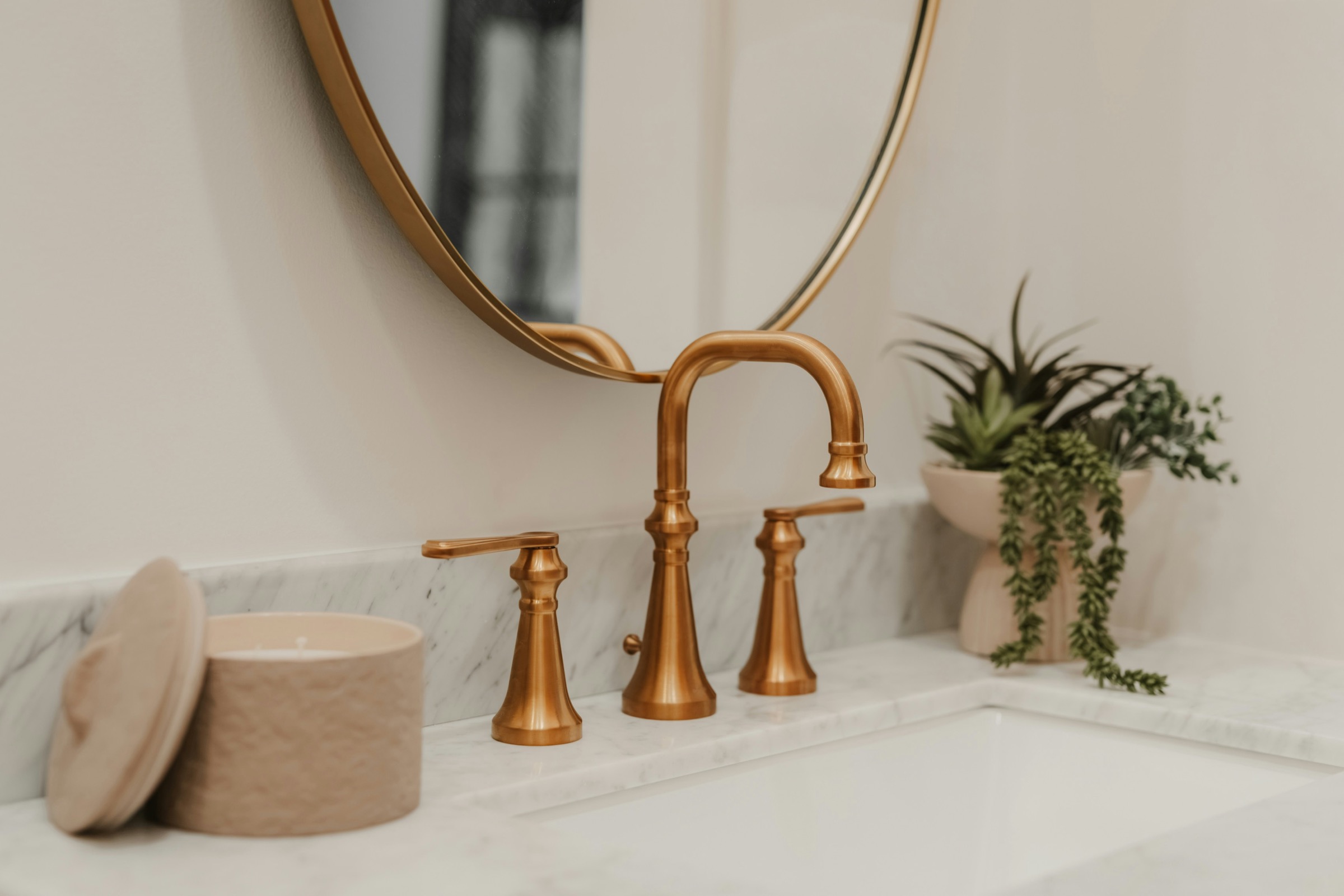 Brass basin faucet with round mirror and green accent plant