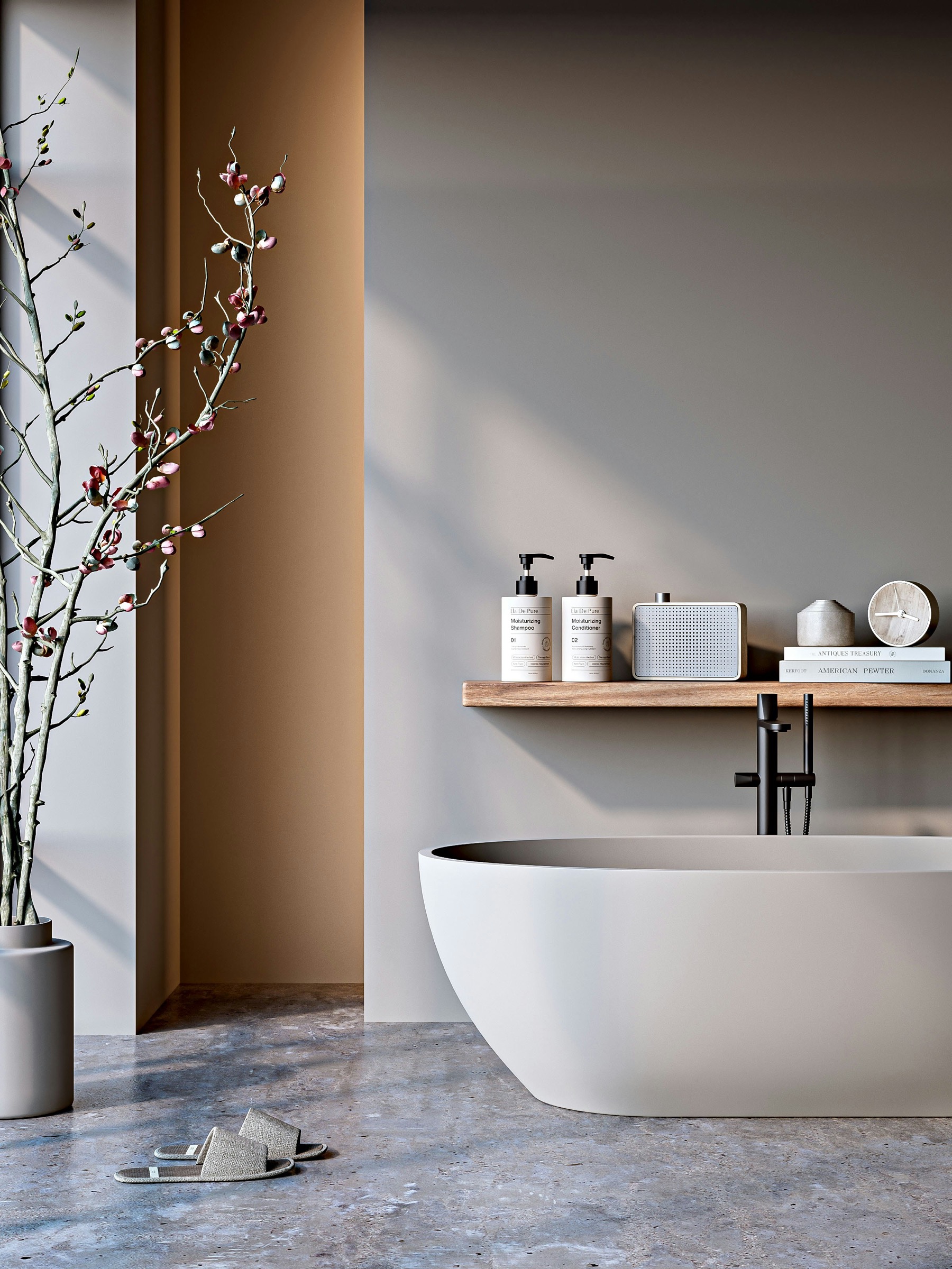 Minimal spa bathroom with matte bathtub and refined accessories